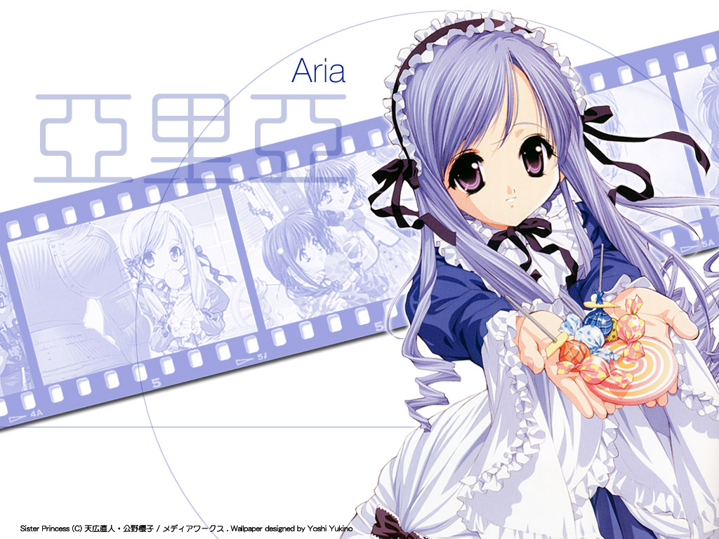 aria (sister princess), sister princess, 00s, 1girl, black ribbon, blue dress, blue hair, blush, character name, dress, foreshortening, frills, hair ribbon, hairband, holding hands, lolita hairband, long hair, long sleeves, looking at viewer, outstretched arms, ribbon, tareme