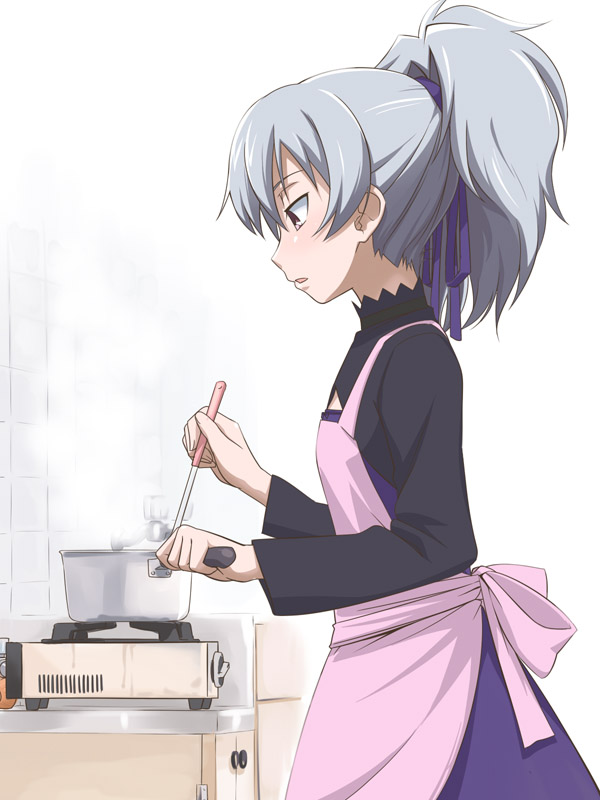 youkan, yin (darker than black), darker than black, 00s, 1girl, blush, cooking, female focus, flat chest, hair ribbon, ladle, ponytail, purple eyes, ribbon, solo, standing, white hair