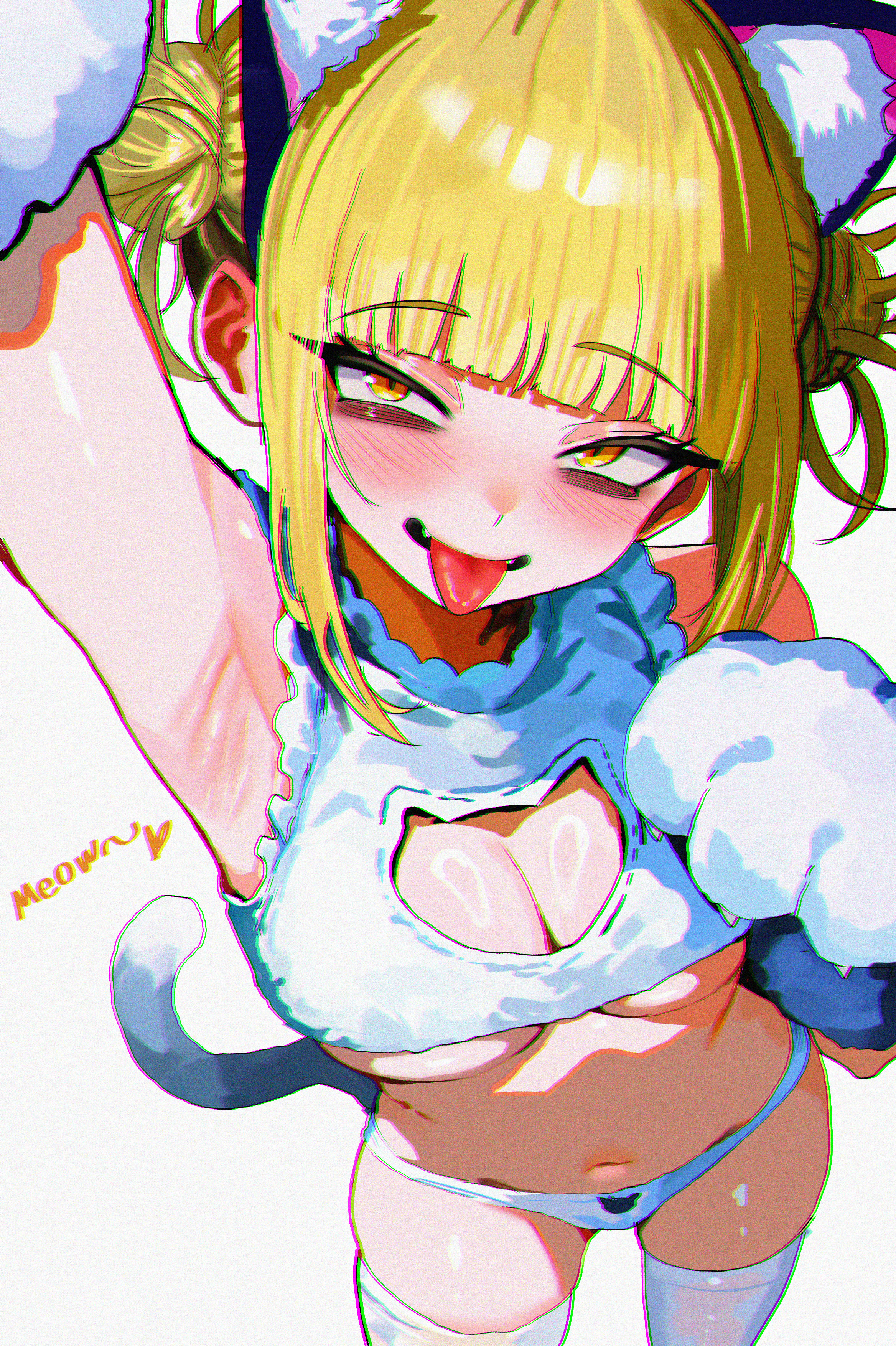 zd (pixiv6210083), toga himiko, boku no hero academia, absurdres, commentary, highres, symbol-only commentary, 1girl, alternate costume, animal ears, animal hands, arm up, armpits, bags under eyes, blonde hair, blunt bangs, breasts, cat cutout, cat ears, cat lingerie, cat tail, cleavage, cleavage cutout, clothing cutout, double bun, gloves, hair bun, medium breasts, messy hair, navel, panties, paw gloves, sidelocks, solo, tail, thighhighs, tongue, tongue out, underboob, underwear, white background, white panties, white thighhighs, yellow eyes