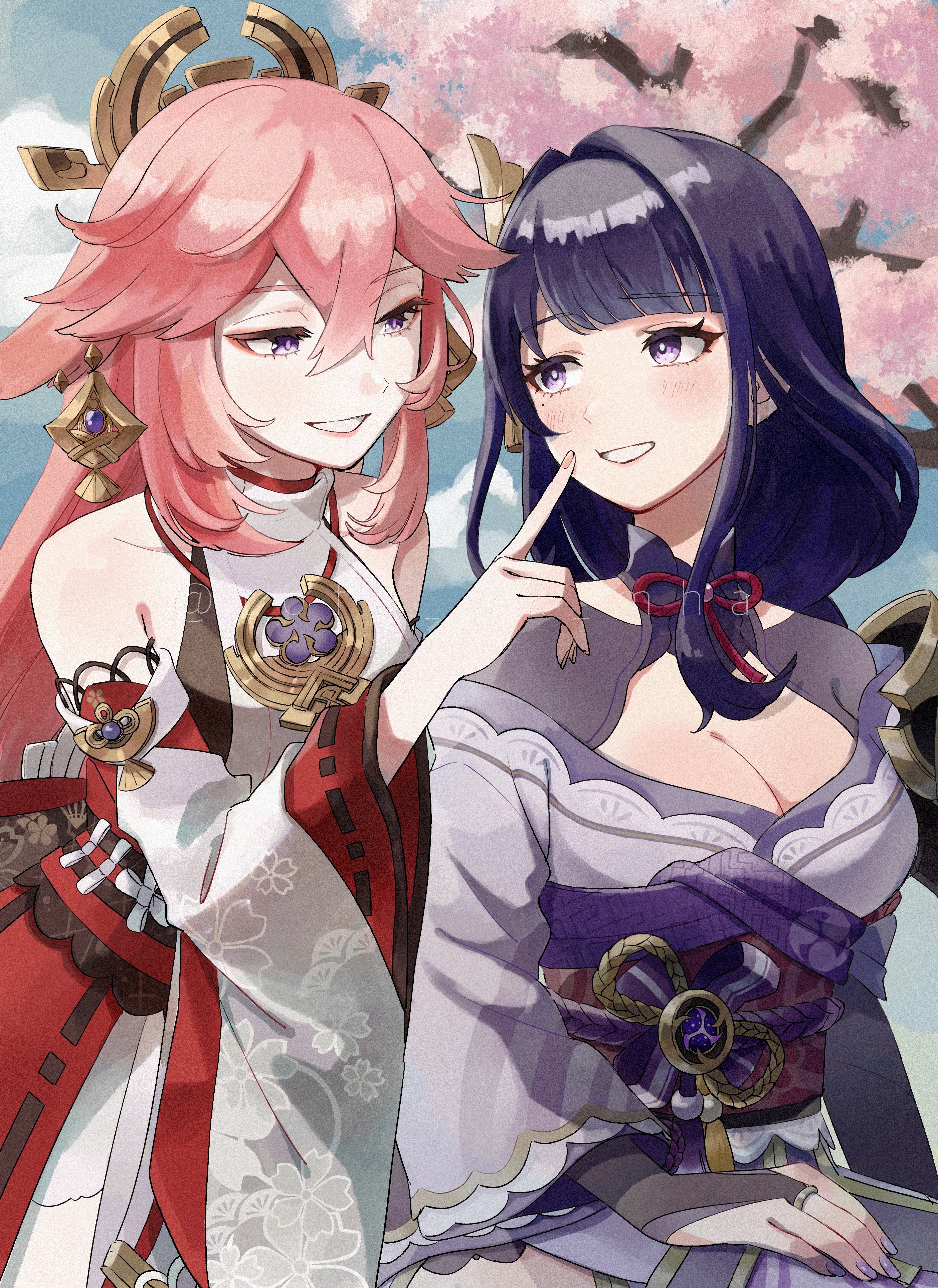 tofu wk mha, raiden shogun, yae miko, genshin impact, absurdres, commentary request, highres, 2girls, animal ear piercing, animal ears, armor, asymmetrical sleeves, bare shoulders, blue pupils, blunt bangs, blush, braid, breasts, bridal gauntlets, cleavage, clothing cutout, collarbone, couple, detached sleeves, eyeliner, fox ears, fox girl, hair between eyes, hair ornament, hand on another's cheek, hand on another's face, head tilt, headpiece, index finger raised, japanese armor, japanese clothes, jewelry, kimono, large breasts, long braid, long hair, looking at another, looking to the side, makeup, mitsudomoe (shape), mole, mole under eye, multicolored eyes, multiple girls, neck ribbon, nontraditional miko, off shoulder, outdoors, parted lips, pendant, pink hair, pink lips, purple eyes, purple hair, purple kimono, purple nails, red eyeliner, red ribbon, red sash, ribbon, sash, shade, shoulder armor, shoulder cutout, shy, single braid, sitting, sleeveless, smile, standing, teeth, tomoe (symbol), uneven sleeves, wide sleeves, yuri