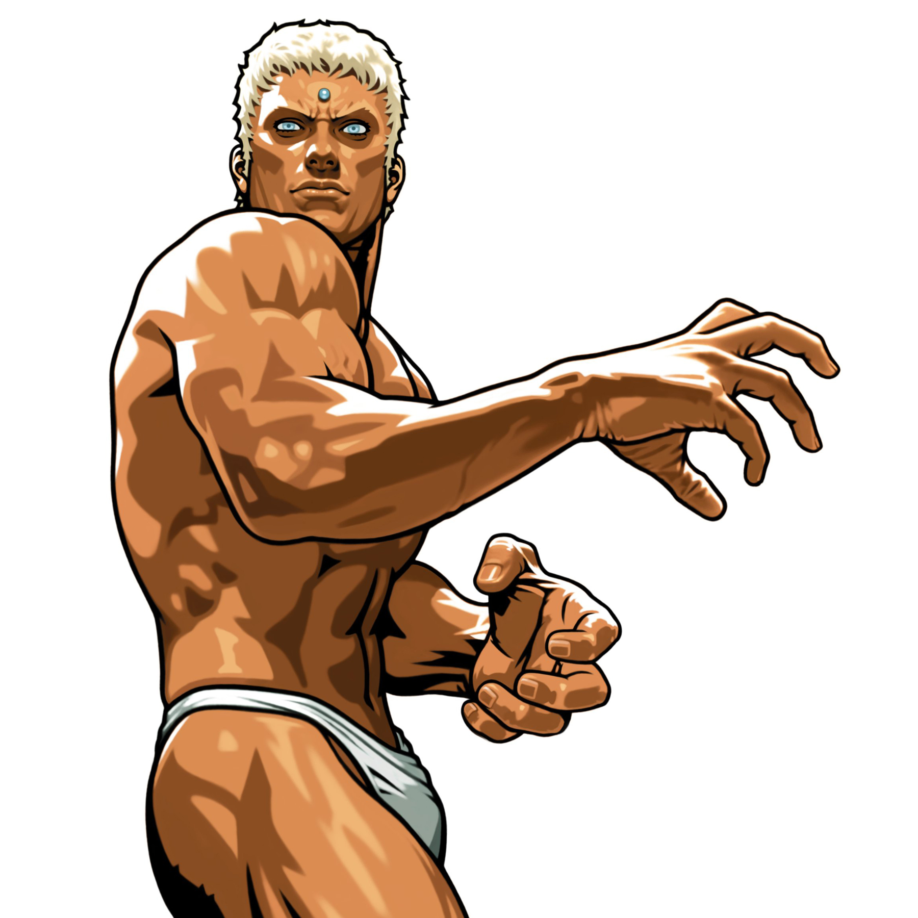 mori toshiaki, urien, capcom, capcom fighting jam, street fighter, street fighter iii (series), derivative work, highres, vector trace, 1boy, blue eyes, dark-skinned male, dark skin, fundoshi, japanese clothes, male focus, manly, solo, topless male, white background, white hair