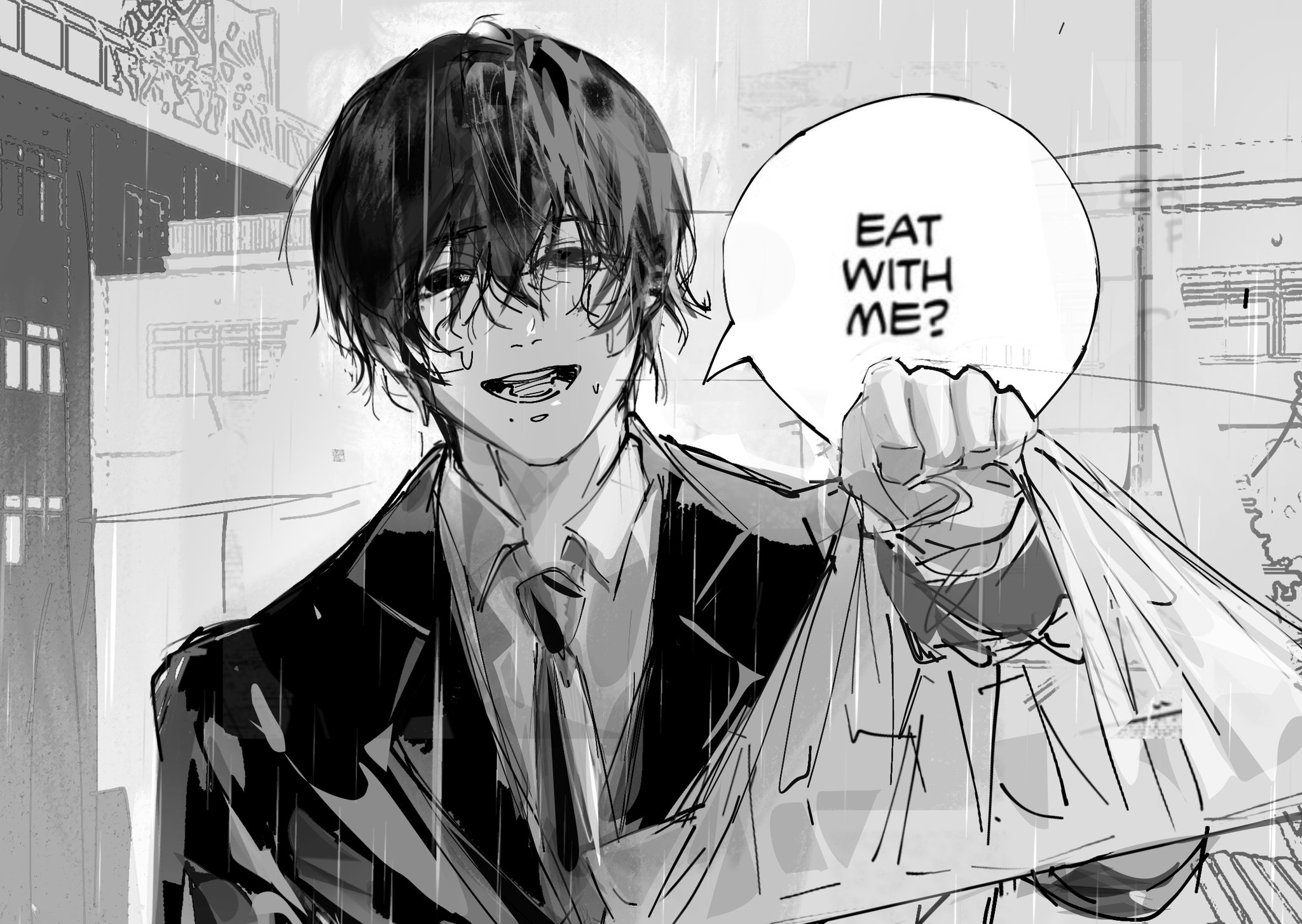 rain (neporain), yoshida hirofumi, chainsaw man, highres, 1boy, bag, collared shirt, english text, formal clothes, holding, holding bag, jacket, looking at viewer, male focus, mole, mole under mouth, necktie, outdoors, pizza box, plastic bag, rain, shirt, short hair, solo, speech bubble, suit, suit jacket