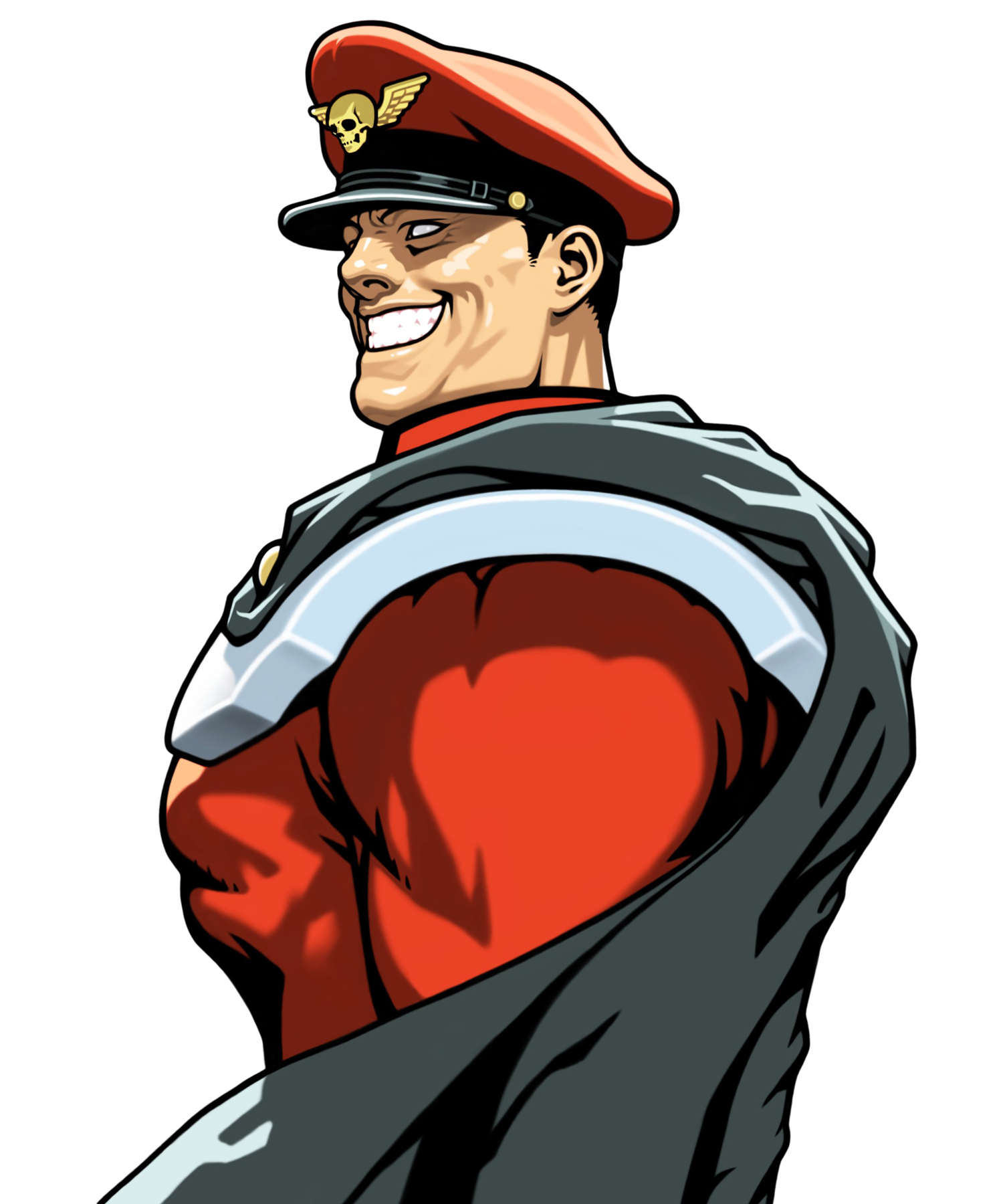 m. bison, capcom, street fighter, highres, cape, empty eyes, evil grin, evil smile, grin, hat, male focus, muscular, peaked cap, skull, smile, solo, teeth, white eyes