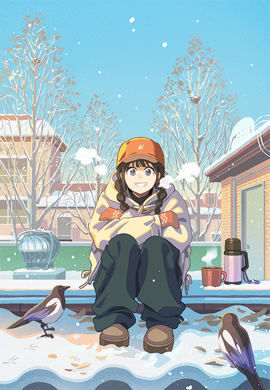 bf. (sogogiching), original, braided twintails, commentary request, 1girl, animal, bare tree, bird, black pants, blue sky, braid, breath, brown hair, brown shoes, building, cup, day, film grain, full body, grey hoodie, grin, hat, hood, hoodie, long sleeves, looking at viewer, mittens, orange hat, orange mittens, outdoors, pants, shoes, sitting, sky, smile, snow, solo, steam, steaming cup, straight-on, thermos, tree, twintails, winter, winter clothes