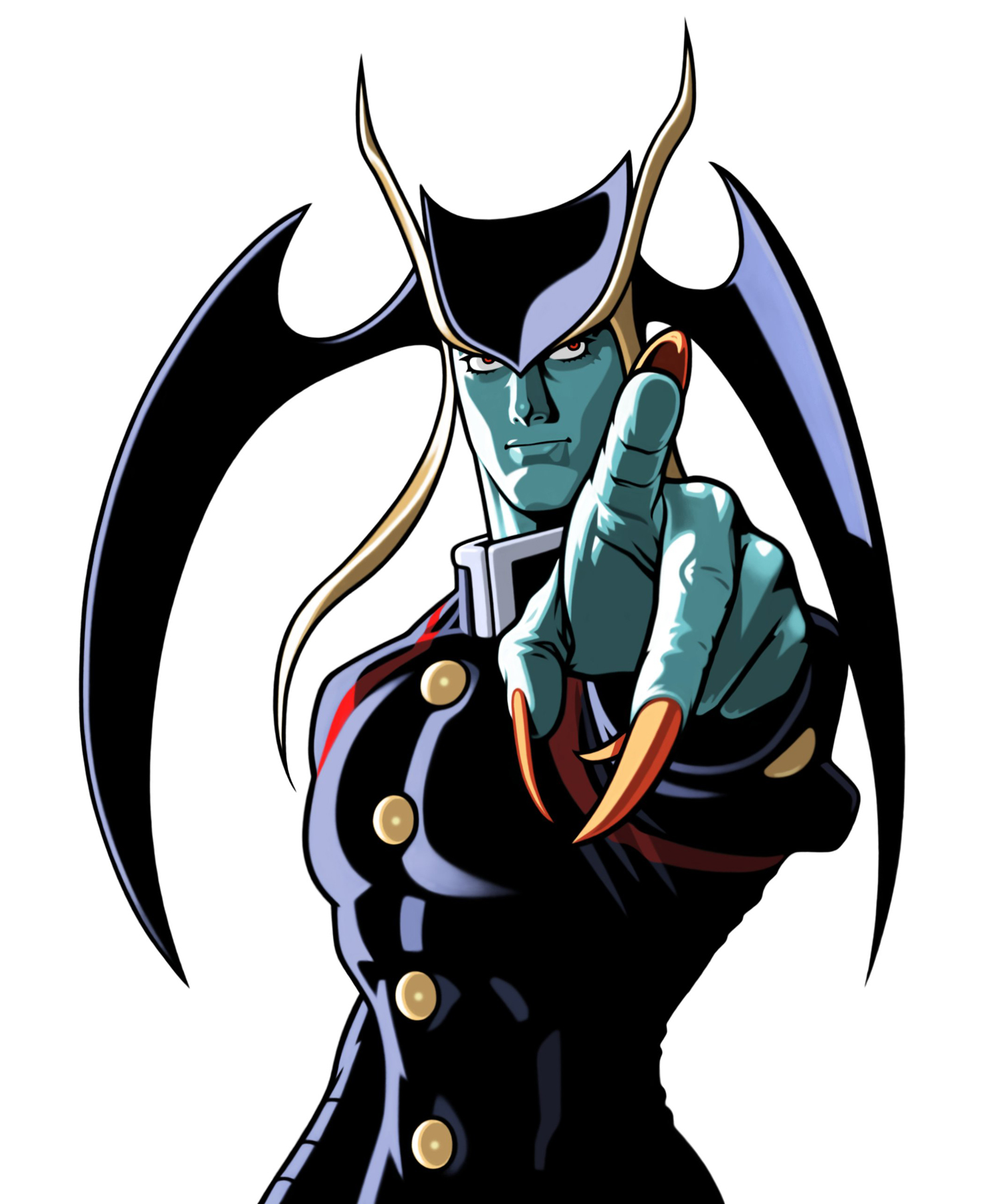 mori toshiaki, jedah dohma, capcom, capcom fighting jam, darkstalkers, highres, blue skin, colored skin, foreshortening, head wings, male focus, pointing, red eyes, solo, vampire, wings