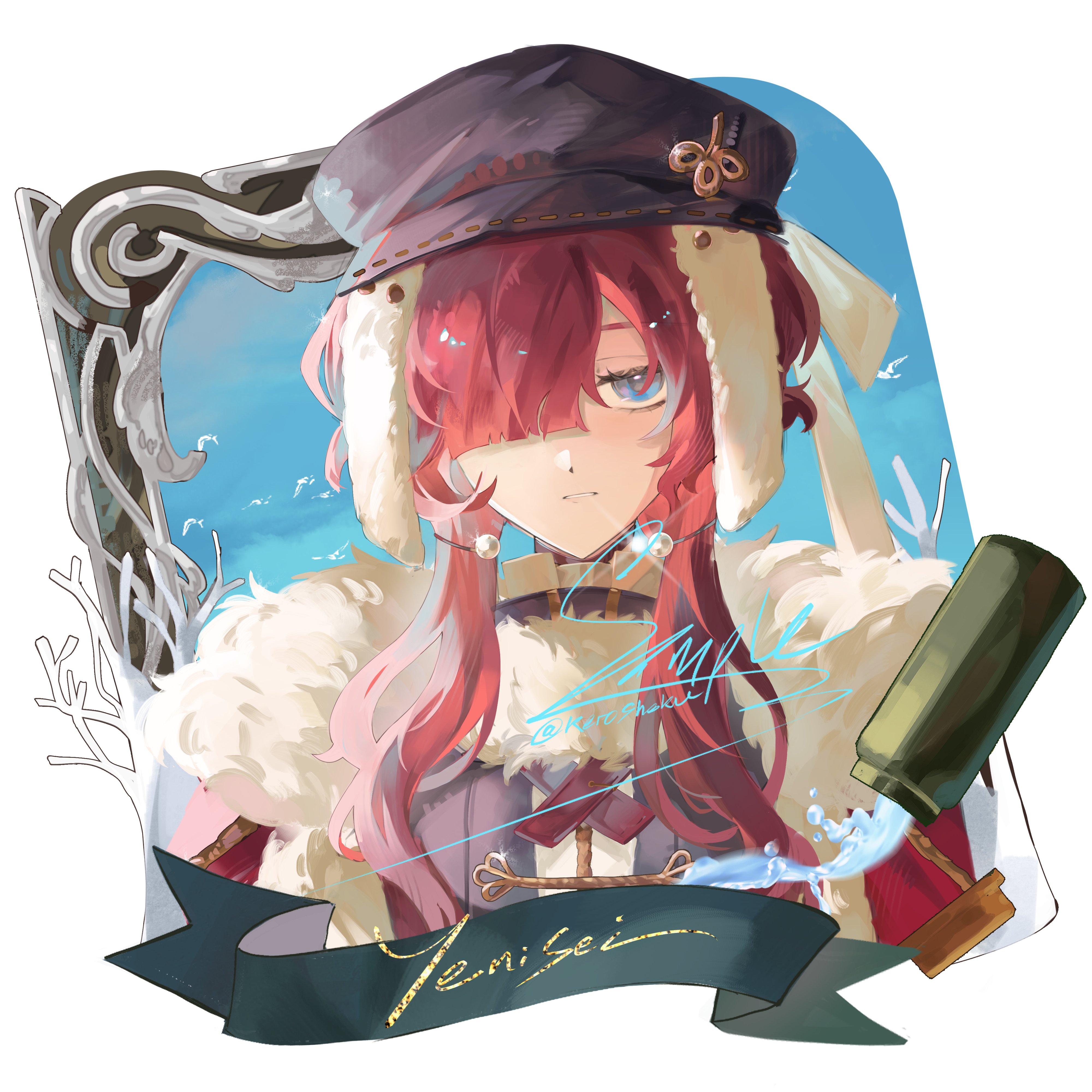 keroshoku, yenisei (reverse:1999), reverse:1999, absurdres, highres, 1girl, banner, black hat, black vest, blue eyes, bottle, cape, character name, cross tie, fur-trimmed cape, fur trim, hair over one eye, hat, long hair, long sidelocks, looking at viewer, newsboy cap, one eye covered, parted lips, pouring, red hair, sample watermark, shirt, sidelocks, solo, upper body, vest, water, watermark, white shirt