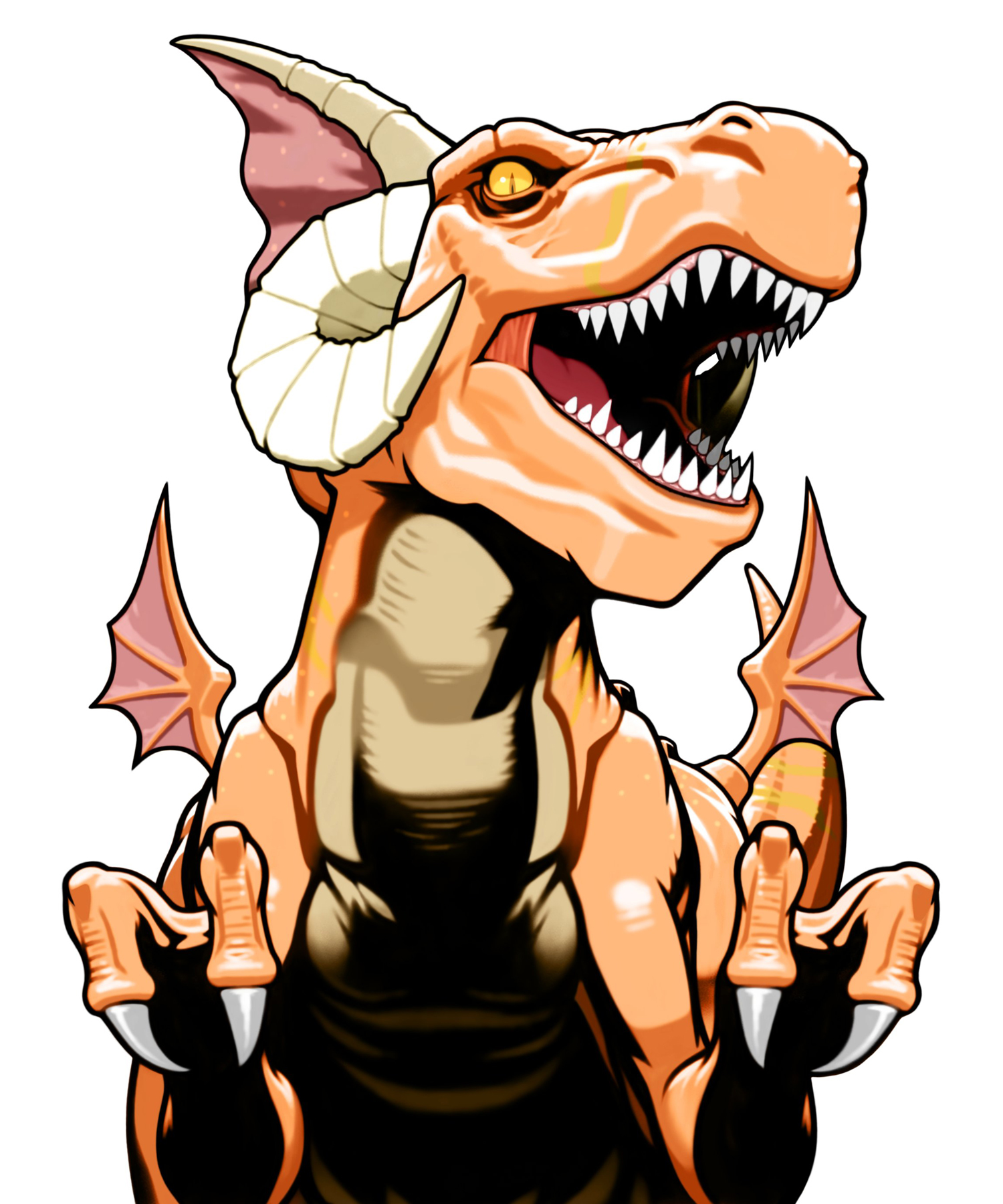 mori toshiaki, hauzer, capcom, capcom fighting jam, warzard, highres, claws, dinosaur, horns, looking at viewer, no humans, open mouth, scale, scales, sharp teeth, simple background, teeth, white background, yellow eyes
