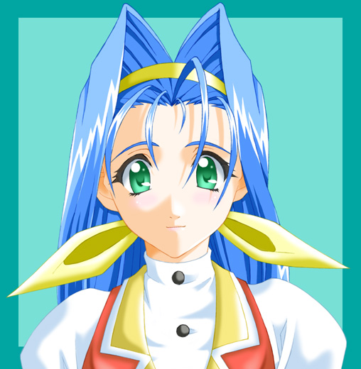 kumashiro izuta, patricia myers, psychic force, bad id, commentary request, 1girl, 2000s (style), blue background, blue hair, buttons, closed mouth, green eyes, hair intakes, hairband, long hair, looking at viewer, orange vest, shirt, smile, solo, two-tone background, upper body, vest, white shirt, yellow hairband