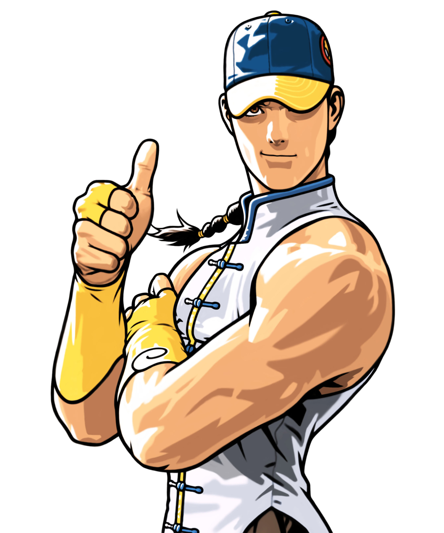 mori toshiaki, yun lee, capcom, capcom fighting jam, street fighter, street fighter iii (series), highres, official art, 1boy, baseball cap, braid, fingerless gloves, gloves, hat, male focus, muscular, shirt, solo, standing, thumbs up, transparent background, white shirt
