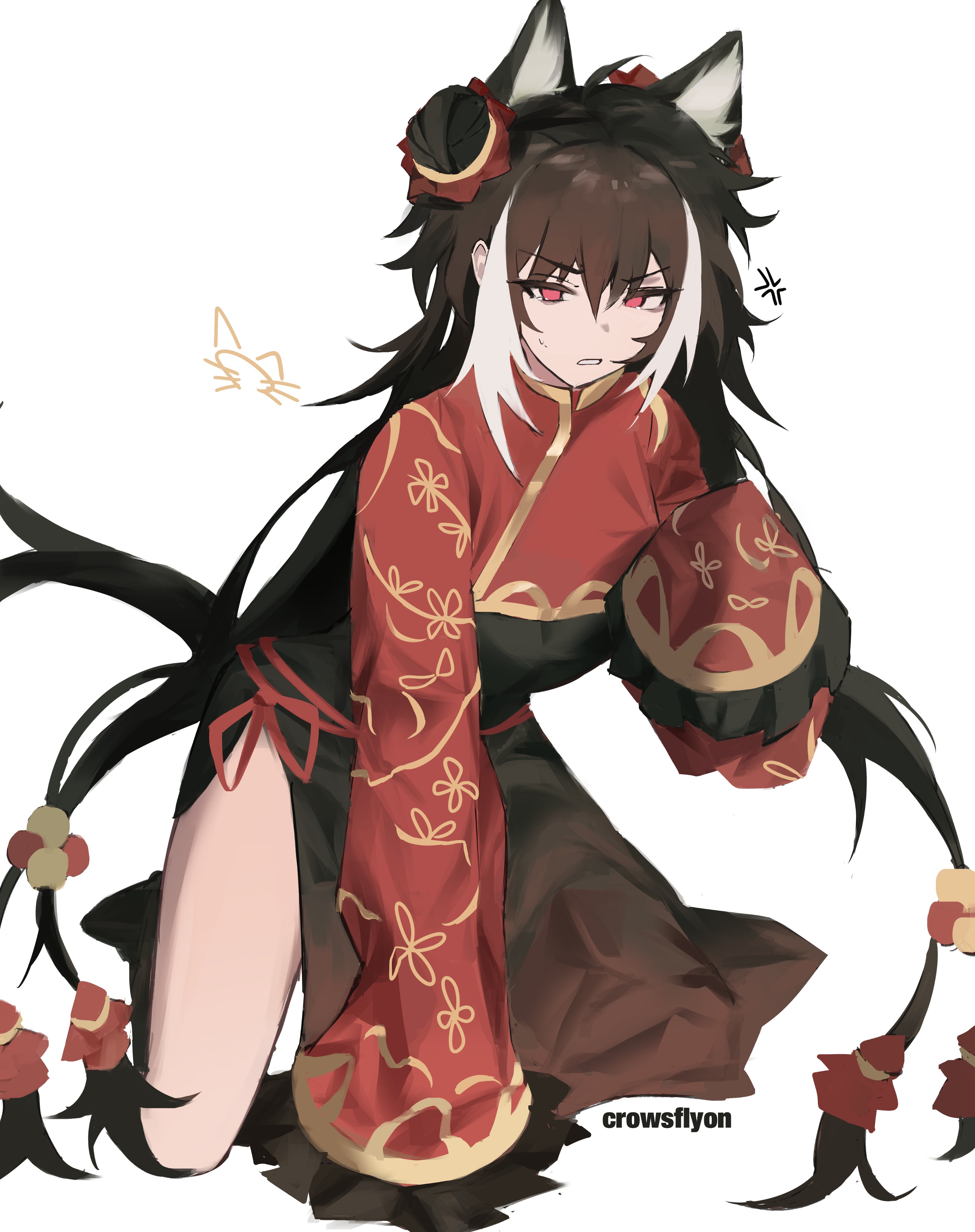 jia xichun (project moon), limbus company, project moon, absurdres, highres, 1girl, anger vein, animal ears, black dress, black hair, cat ears, cat tail, chinese clothes, crowsflyon, double bun, dress, full body, gold trim, hair bun, kneeling, long hair, long sleeves, looking at viewer, multicolored hair, pink eyes, red shrug, rope belt, simple background, sleeves past wrists, solo, streaked hair, tail, twintails, white background