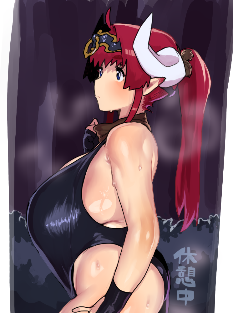gen'en (sioherashi), kuu fearse, original, tagme, translation request, 1girl, ahoge, armpit crease, bare shoulders, black gloves, black leotard, blue eyes, blush, breasts, brown scarf, closed mouth, gloves, high ponytail, horns, huge breasts, large breasts, leotard, long earlobes, long hair, looking front, ponytail, red hair, scarf, sideboob, solo, standing, steam, sweat, tight clothes, white horns
