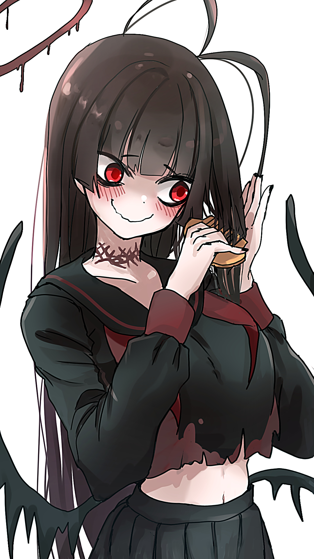 komena (shinyday312), tsurugi (blue archive), blue archive, highres, 1girl, antenna hair, black hair, black nails, black sailor collar, black serafuku, black skirt, black wings, blood, blood halo, blood on clothes, blush, brushing hair, closed mouth, comb, halo, holding, holding comb, liquid halo, long hair, low wings, navel, neckerchief, nervous smile, red eyes, red neckerchief, sailor collar, school uniform, serafuku, skirt, smile, solo, white background, wings