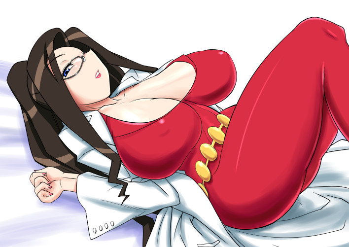 kitajima, konmori (kinbou sokai), kitajima yuuri, dragonaut, 00s, 1girl, blue eyes, bodysuit, breasts, brown hair, curvy, female focus, glasses, huge breasts, red theme, skin tight, solo, spandex