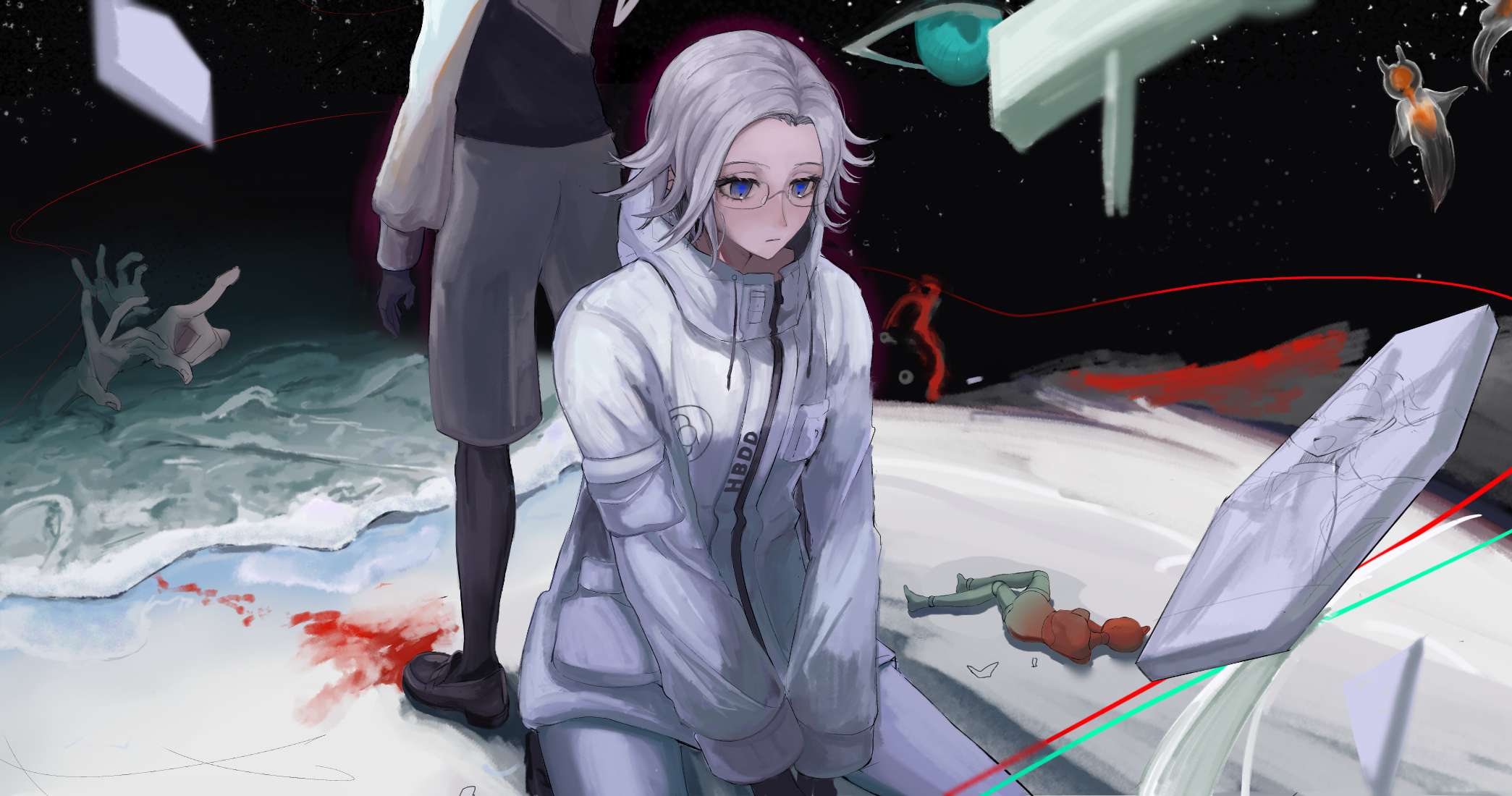 kyo ya (utsuroya), aotsuki eito, the hundred line -last defense academy-, commentary request, highres, 2boys, back-to-back, beach, black gloves, black shoes, black vest, blood, blue eyes, breast pocket, different reflection, disembodied hand, dual persona, glass, glasses, gloves, grey hair, grey shorts, jacket, looking ahead, male focus, mannequin, multiple boys, pocket, reflection, seiza, shirt, shoes, short hair, shorts, sitting, standing, star (sky), vest, waves, white jacket, white shirt