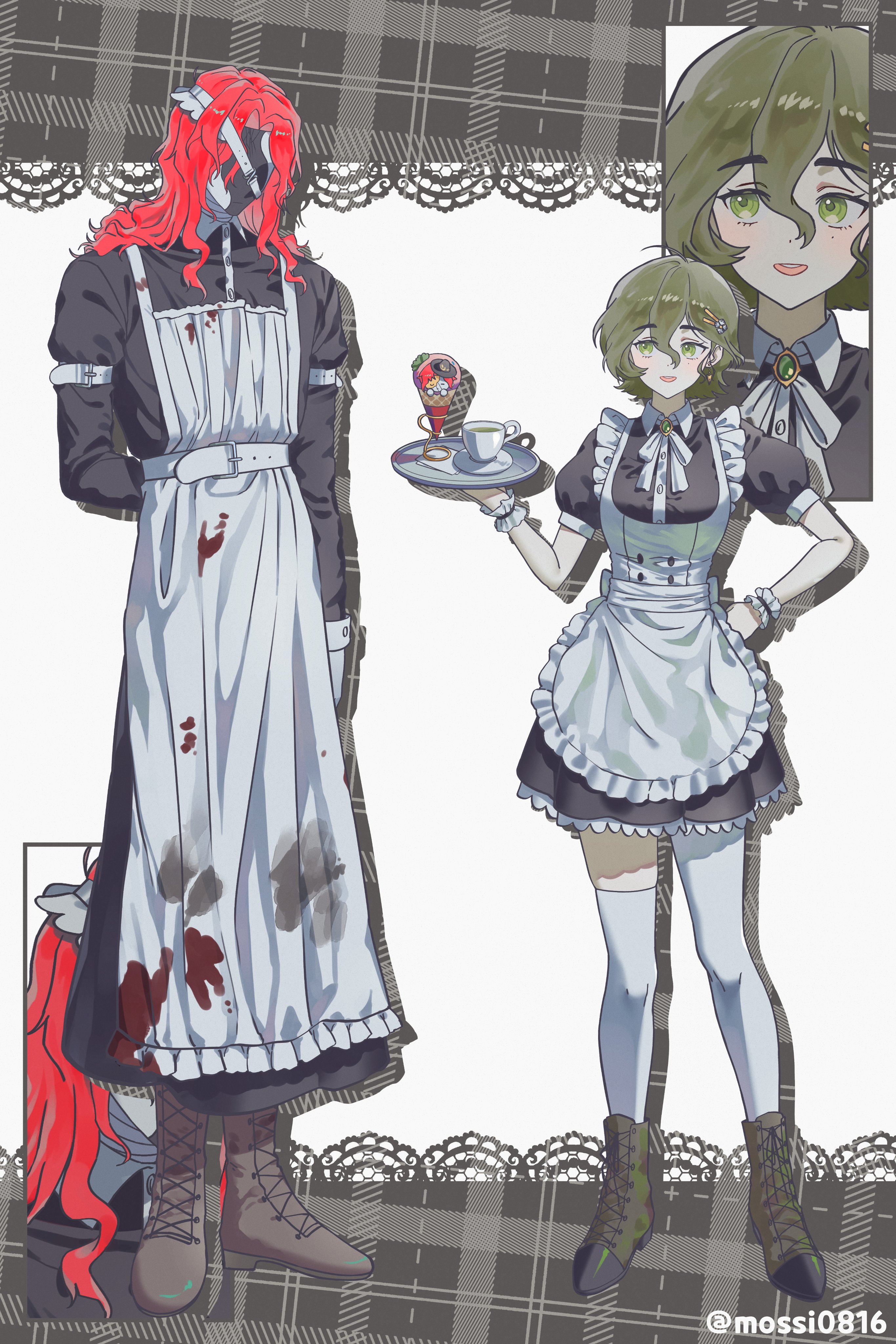 mossi (mossi0816), aleph (reverse:1999), recoleta (reverse:1999), reverse:1999, absurdres, highres, 1boy, 1girl, alternate costume, apron, arm behind back, black dress, black mask, boots, border, brown boots, brown border, brown hair, collared dress, covered face, crossdressing, crossdressing (mtf), cup, dress, enmaided, food, frilled apron, frills, full body, green eyes, hair between eyes, hand on own hip, holding, holding plate, ice cream, legs apart, letterboxed, long dress, long hair, long sleeves, maid, male maid, neck ribbon, outside border, pantyhose, plaid border, plate, puffy short sleeves, puffy sleeves, red hair, ribbon, saucer, short dress, short hair, short sleeves, single leg pantyhose, single thighhigh, thighhighs, twitter username, white apron, white background, white pantyhose, white ribbon, white thighhighs, white wrist cuffs, wrist cuffs