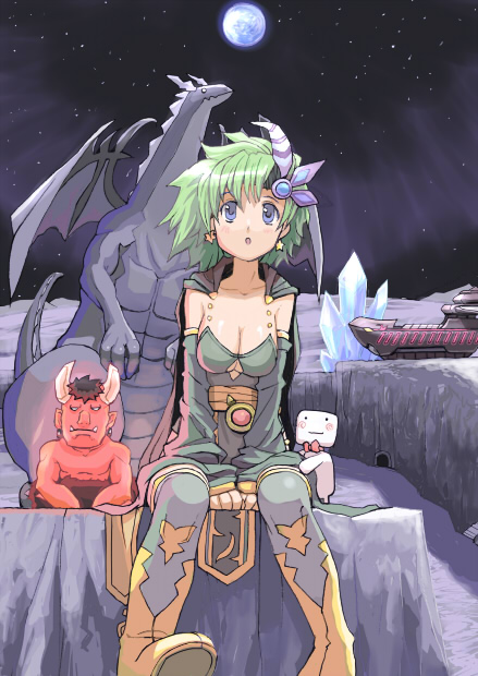 bahamut (final fantasy), ifrit, lunar whale, rydia (ff4), whyt, final fantasy, final fantasy iv, 1990s (style), 1boy, 1girl, blue eyes, breasts, cape, cleavage, crystal, demon, detached sleeves, dragon, earth (planet), green hair, large breasts, monster, planet, retro artstyle, spacecraft, thighhighs