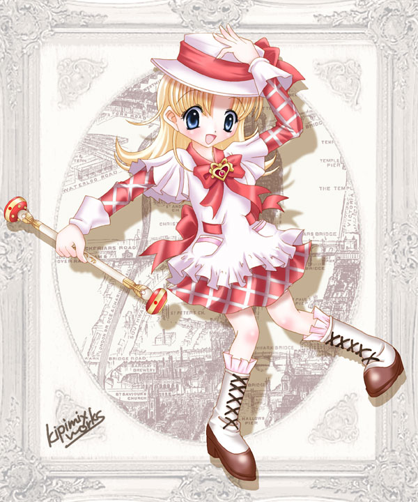 nadja applefield, ashita no nadja, 00s, 1girl, blonde hair, blue eyes, boots, brooch, female focus, hat, heart, heart brooch, jewelry, knee boots, porkpie hat, solo