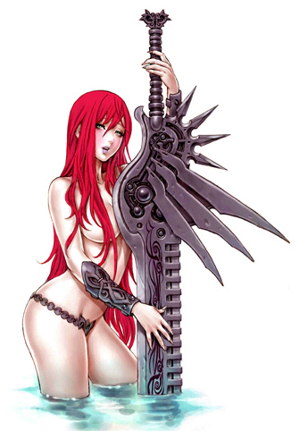 yamashita shun'ya, niniane, original, nail, topless, lowres, 1girl, blush, bracer, breasts, censored, convenient censoring, fingernails, hair censor, hair over breasts, huge weapon, lipstick, long fingernails, long hair, makeup, open mouth, pale skin, red hair, solo, sword, very long hair, wading, water, weapon