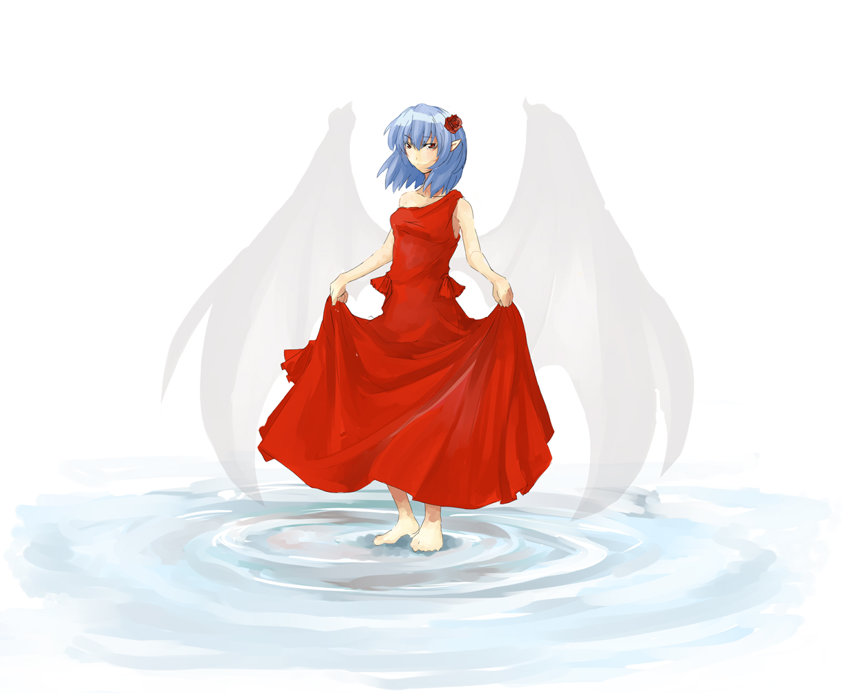 ofuro mantarou, remilia scarlet, touhou, bad id, bad pixiv id, 1girl, aged up, barefoot, clothes lift, dress, feet, female focus, flower, pointy ears, rose, skirt, skirt hold, skirt lift, smile, solo, water, white background, wings