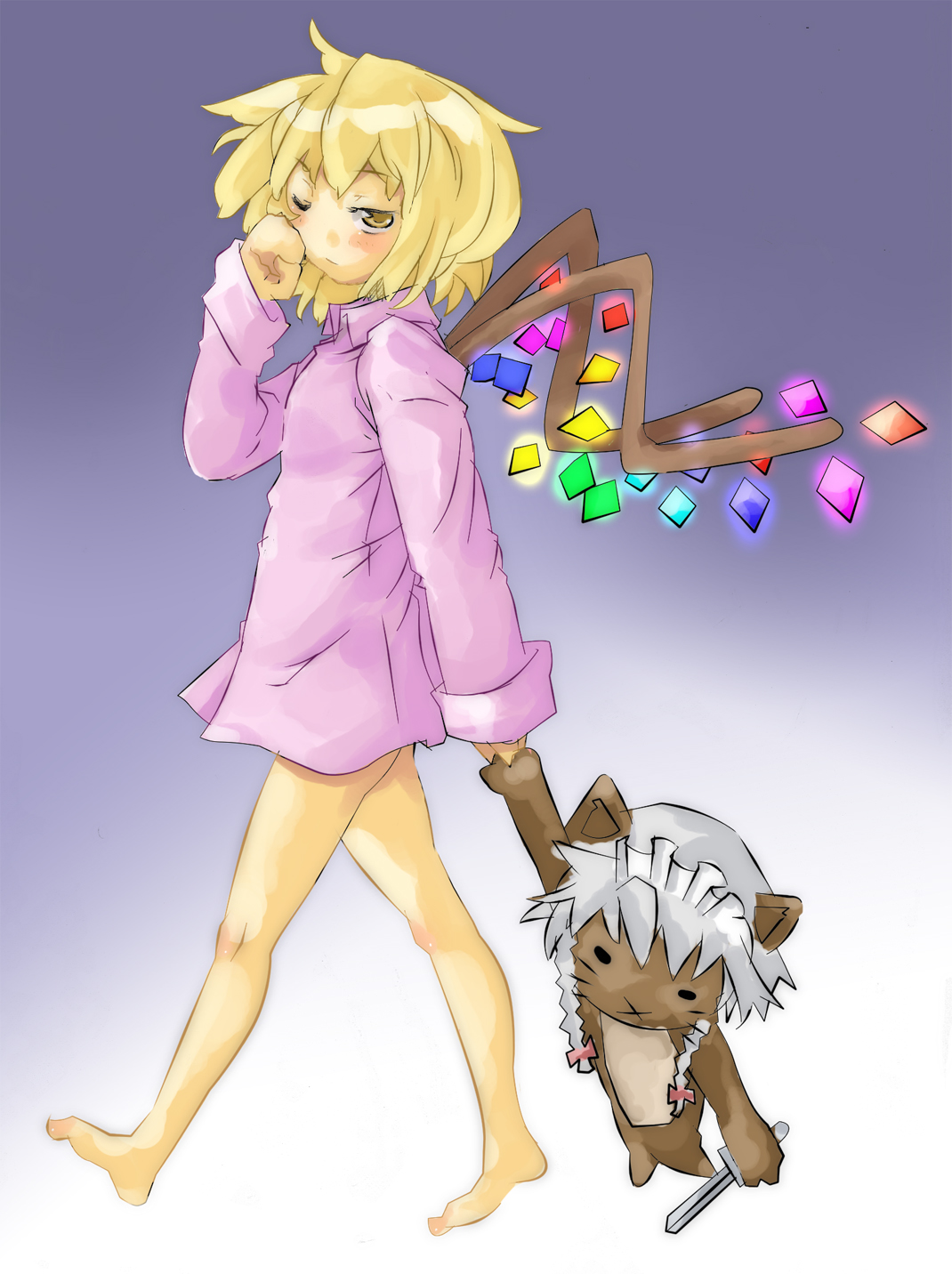 ofuro mantarou, flandre scarlet, izayoi sakuya, touhou, bad id, bad pixiv id, highres, 1girl, barefoot, blonde hair, character doll, doll, female focus, sleepy, solo, stuffed animal, stuffed toy, wings