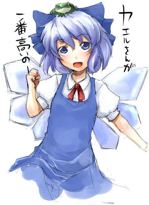 ofuro mantarou, cirno, touhou, bad id, bad pixiv id, 1girl, blouse, blue eyes, blue hair, bow, collared shirt, cropped torso, dress, female focus, frog, matching hair/eyes, pinafore dress, shirt, simple background, sleeveless, sleeveless dress, solo, white background, white shirt, wings