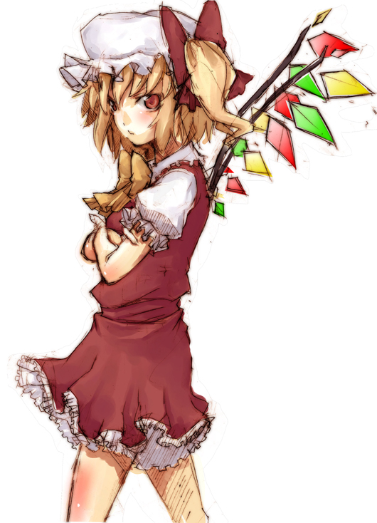 ofuro mantarou, flandre scarlet, touhou, bad id, bad pixiv id, 1girl, blouse, female focus, from side, hat, mob cap, red eyes, shirt, simple background, solo, standing, tsundere, white background, white hat, white shirt