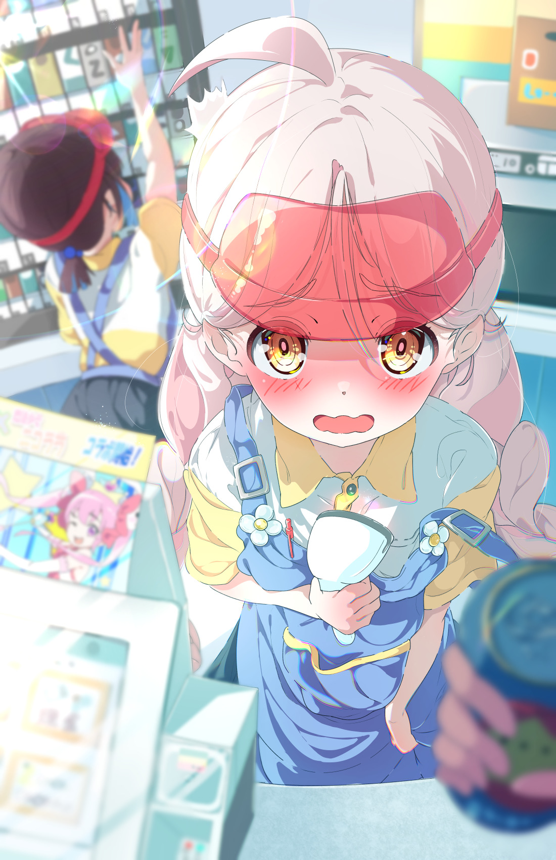 hozuki momiji, oyama mahiro, onii-chan wa oshimai!, commentary, highres, 2girls, ahoge, alternate costume, apron, blue apron, blurry, blurry foreground, blush, brown hair, can, cashier, drink can, employee uniform, grey hair, indoors, long hair, looking at viewer, multiple girls, nazonaji, nervous, open mouth, parted bangs, ponytail, pov, pov hands, short hair, short ponytail, short sleeves, solo focus, strap slip, visor cap, wavy mouth, yellow eyes