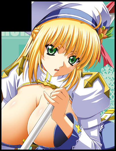 kumashiro izuta, arch bishop (ragnarok online), comiket 79, ragnarok online, commentary request, 1girl, 2000s (style), ahoge, blonde hair, blue dress, blush, breasts, circle cut, cleavage, cleavage cutout, clothing cutout, cross, dress, flower, green eyes, hat, hat flower, hat ornament, holding, holding staff, huge breasts, juliet sleeves, leaf hat ornament, leaning forward, long hair, long sleeves, open mouth, orange flower, puffy sleeves, sash, solo, staff, tam (ragnarok online), two-tone dress, upper body, white dress, white hat