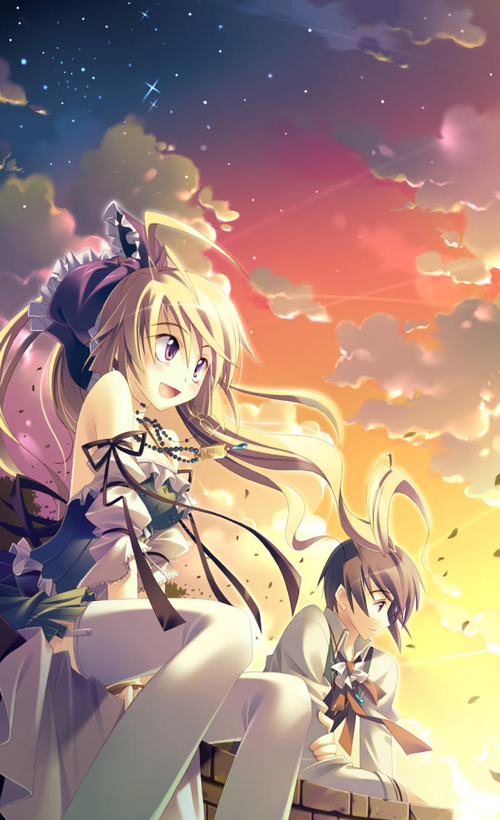 yamadori yoshitomo, original, 1boy, 1girl, bare shoulders, blonde hair, jewelry, long hair, pendant, ribbon, short hair, skirt, thighhighs, white thighhighs