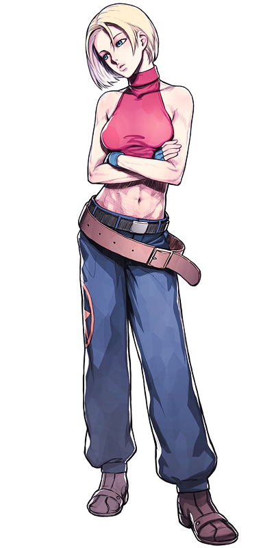 iwai ryou, blue mary, fatal fury, snk, the king of fighters, bad id, bad pixiv id, 1girl, abs, belt, belt skirt, blonde hair, blue eyes, crossed arms, female focus, fingerless gloves, gloves, halterneck, midriff, short hair, simple background, sleeveless, solo, white background