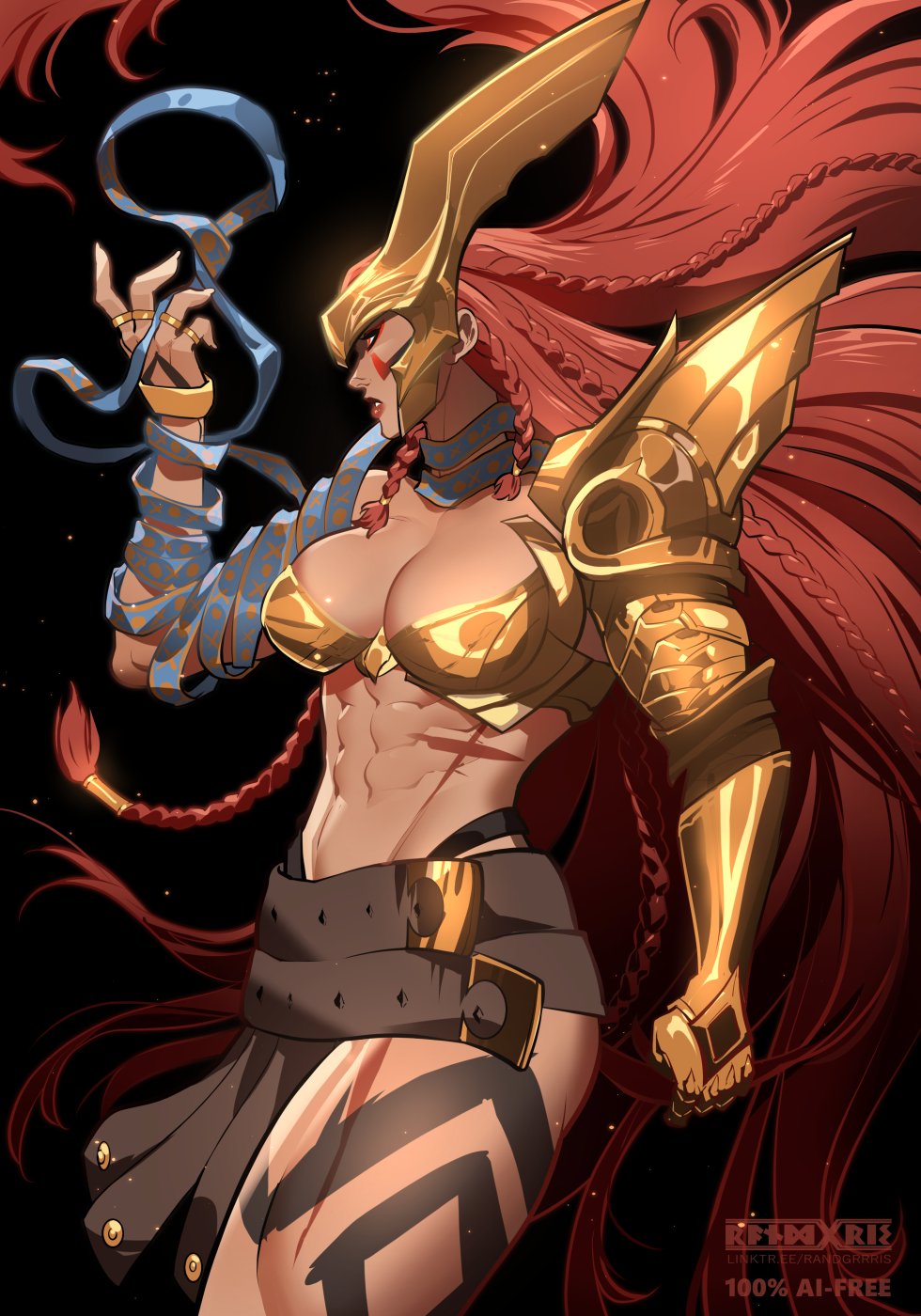 randgris, strstyler, marvel, marvel rivals, highres, 1girl, abs, angela (marvel), artist name, breasts, from side, large breasts, long hair, metal bra, muscular, muscular female, orange hair, solo, watermark