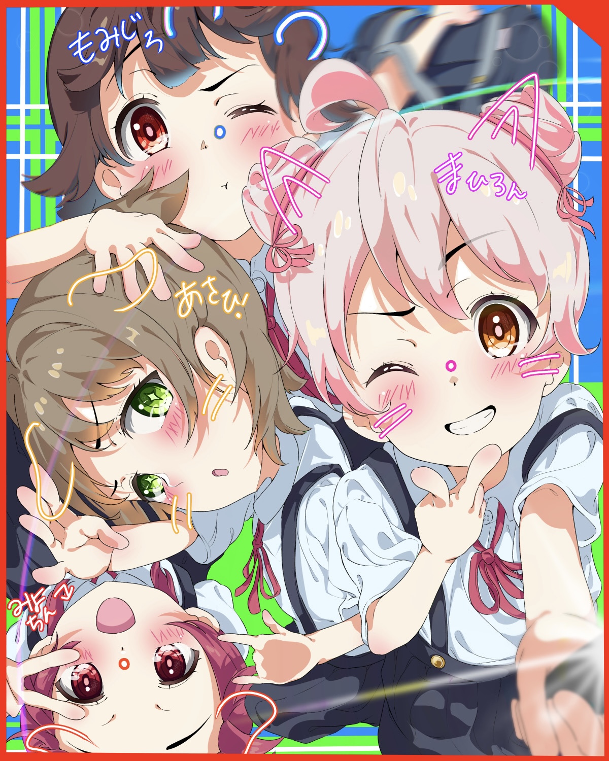 hozuki momiji, murosaki miyo, oka asahi, oyama mahiro, onii-chan wa oshimai!, commentary, highres, translated, 4girls, :d, ;), m/, ahoge, bag, bare arms, black skirt, blush, border, brown eyes, brown hair, character name, diamond-shaped pupils, diamond (shape), double bun, drawn ears, drawn whiskers, green eyes, grin, hair bun, hair ribbon, hand on another's head, looking at viewer, multiple girls, nazonaji, neck ribbon, one eye closed, open mouth, pink hair, red border, red hair, red ribbon, ribbon, school bag, selfie, shirt, short hair, short sleeves, skirt, smile, suspender skirt, suspenders, symbol-shaped pupils, v, v over eye, white shirt