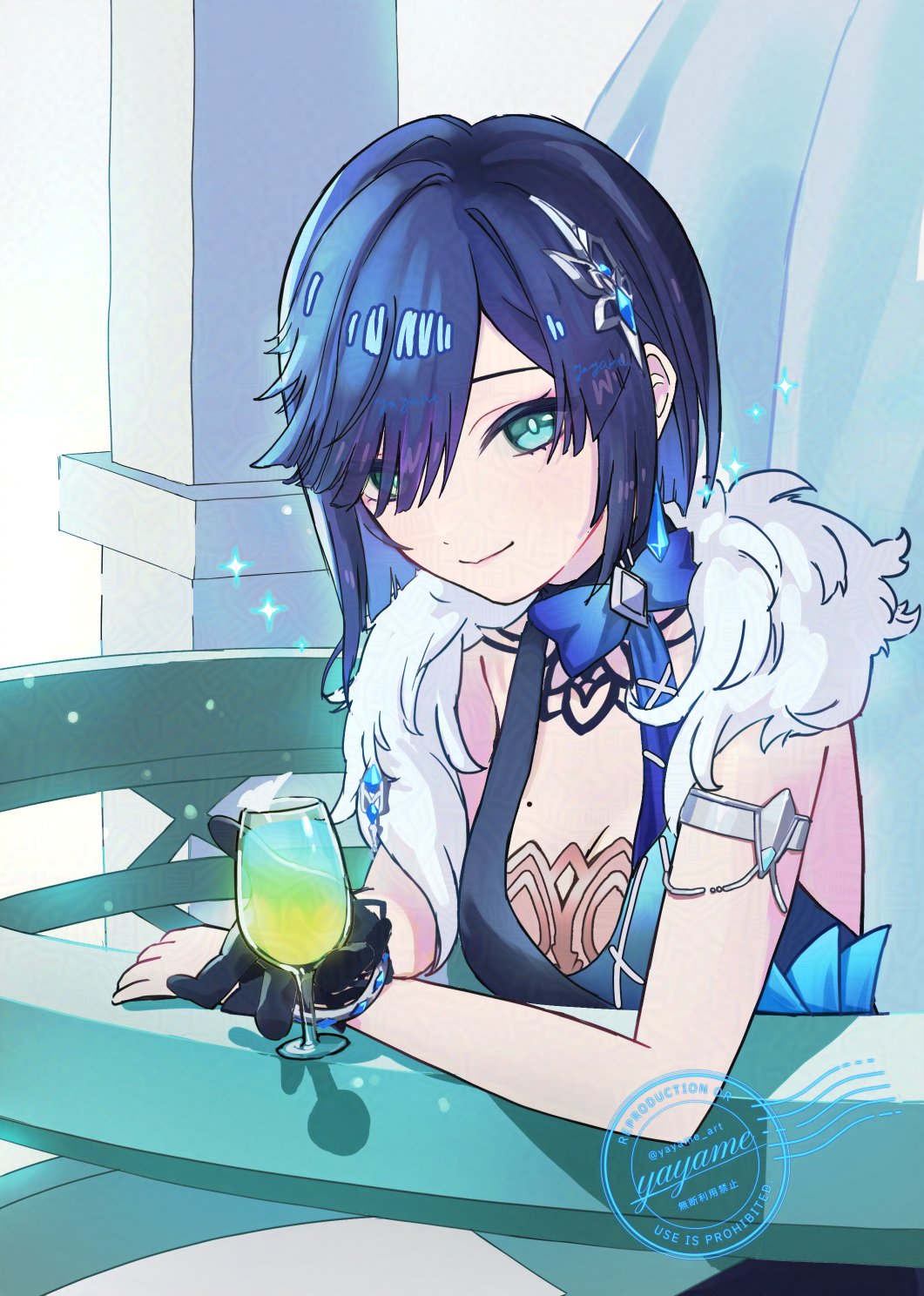 yayame art, yelan (genshin impact), genshin impact, highres, arm support, armlet, black gloves, blue dress, blue eyes, blue hair, blush, bracelet, breasts, castle, cleavage, cocktail, cocktail glass, cup, diagonal bangs, dress, drink, drinking glass, fur-trimmed jacket, fur trim, gem, gloves, hair ornament, hairpin, halter dress, halterneck, holding, holding cup, jacket, jacket on shoulders, jewelry, looking at viewer, mole, mole on breast, multicolored hair, smile, watermark, white jacket