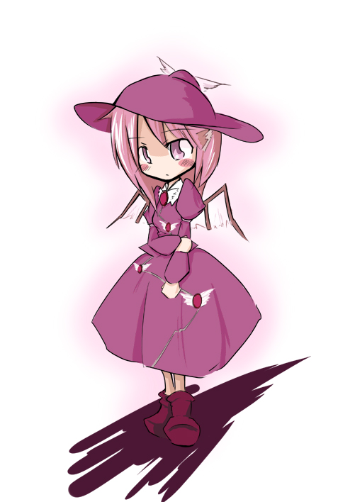 mystia lorelei, touhou, 1girl, blush, crossed arms, female focus, full body, gradient background, purple eyes, purple hair, solo, standing, white background, wings
