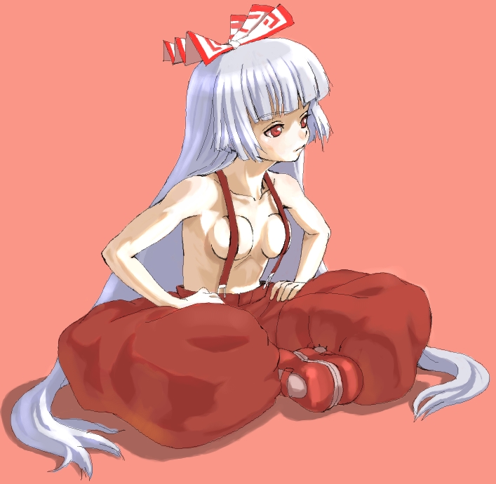 shiba itsuki, fujiwara no mokou, touhou, bad id, bad pixiv id, 1girl, albino, bow, female focus, hair bow, long hair, naked suspenders, nude, pink background, red eyes, ribbon, sibaki, simple background, solo, suspenders, white hair