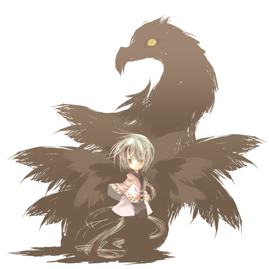 n:go, original, pixiv fantasia, silver hair, 1girl, animal, beak, bird, blush, brown feathers, capelet, expressionless, feathers, female focus, full body, fusion, looking at viewer, parted lips, short hair, solo, standing, surreal, yellow eyes