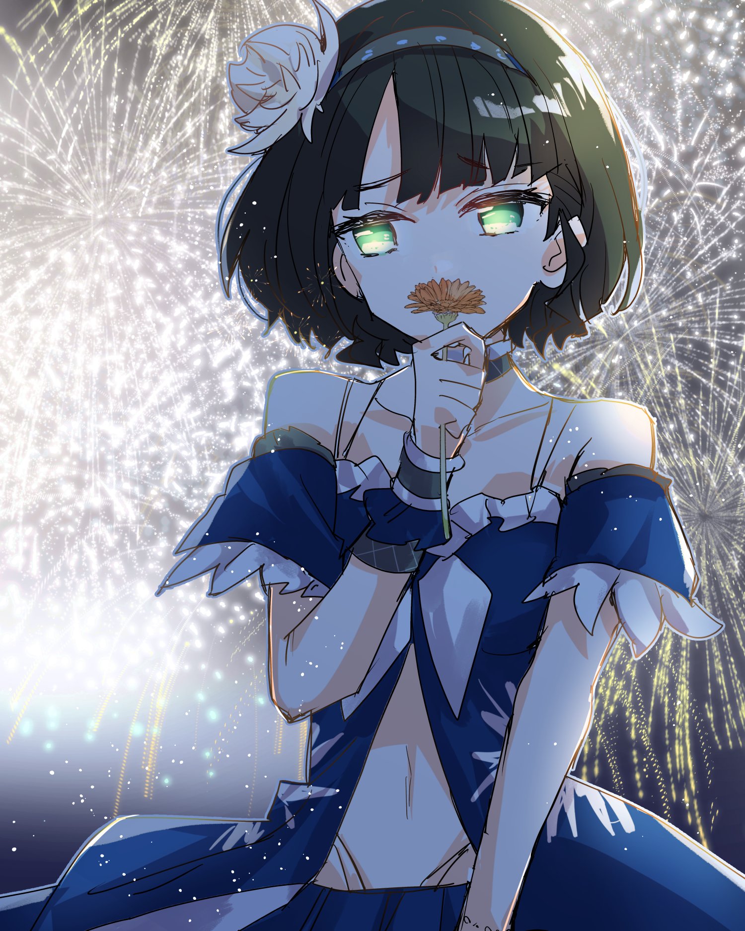 kanduki kamibukuro, momose ginko, link! like! love live!, love live!, commentary, highres, 1girl, atarayo hanabi, bikini, black hair, blue bikini, covering own mouth, fireworks, flower, flower over mouth, gerbera, green eyes, holding, holding flower, light particles, multi-strapped bikini bottom, multi-strapped bikini top, night, off-shoulder bikini, off shoulder, official alternate costume, orange flower, raised inner eyebrows, solo, swimsuit, virtual youtuber