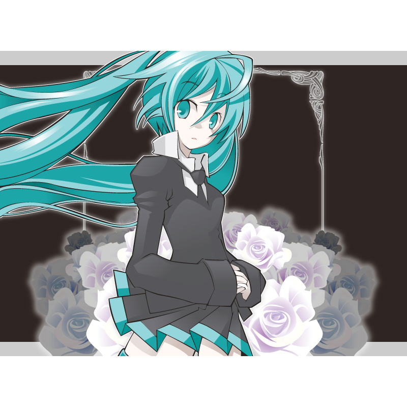 n:go, hatsune miku, vocaloid, blue eyes, blue hair, gothic lolita, lolita fashion, long hair, skirt, solo, thighhighs, twintails, zettai ryouiki