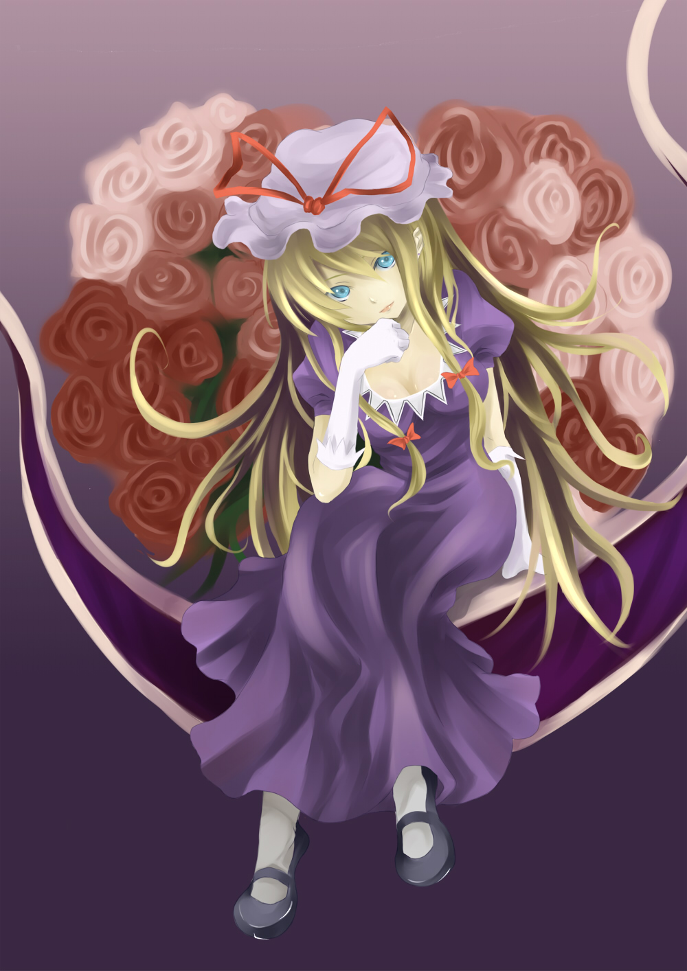 castle-yu, yakumo yukari, touhou, bad id, bad pixiv id, highres, 1girl, blonde hair, female focus, flower, gap (touhou), gradient background, hat, long hair, ribbon, solo