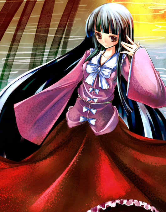 yako, houraisan kaguya, touhou, bad id, bad pixiv id, 1girl, black hair, brown eyes, female focus, japanese clothes, long hair, ribbon, solo, very long hair