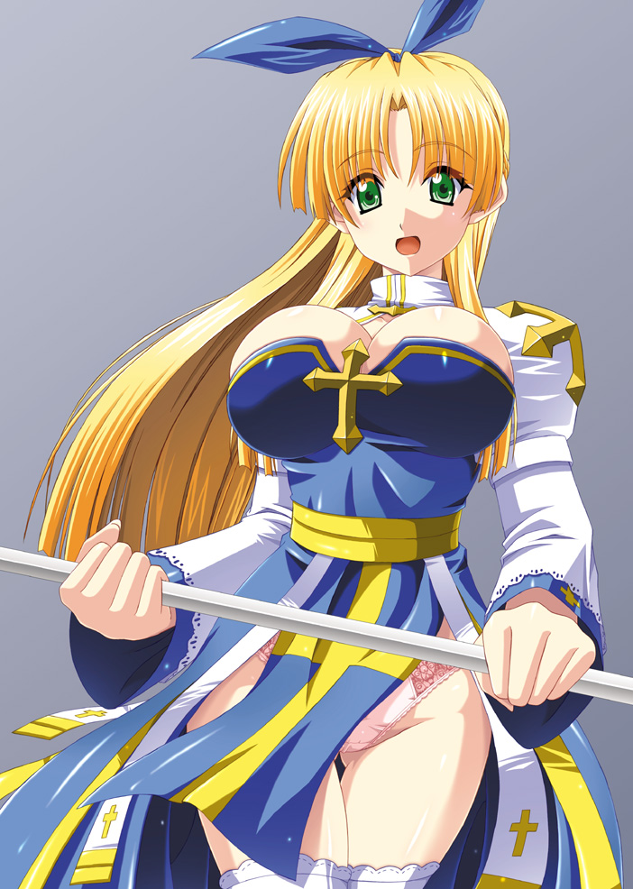 kumashiro izuta, arch bishop (ragnarok online), ragnarok online, commentary request, 1girl, 2000s (style), blonde hair, blue bow, blue dress, bow, breasts, cleavage, cleavage cutout, clothing cutout, cowboy shot, cross, dress, green eyes, grey background, hair bow, holding, holding staff, juliet sleeves, large breasts, long hair, long sleeves, looking at viewer, open mouth, panties, pelvic curtain, pink panties, puffy sleeves, sash, simple background, solo, staff, thighhighs, two-tone dress, underwear, white dress, white thighhighs, yellow sash