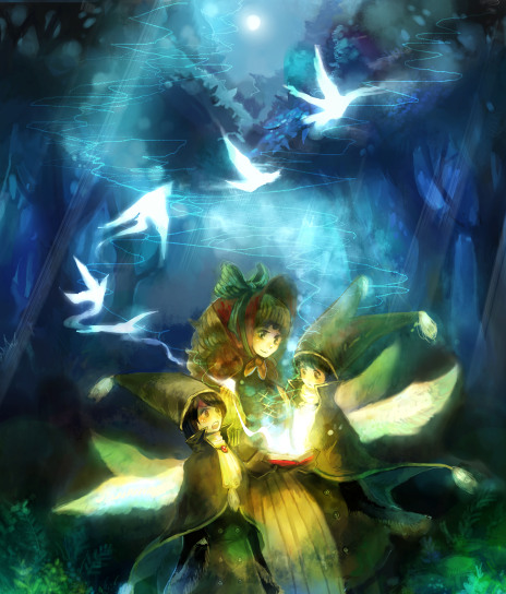 chibi (artist), chibi (shimon), light, 3girls, bird, bow, forest, glowing, hat, hood, moon, multiple girls, nature, night, smile, tree, wings
