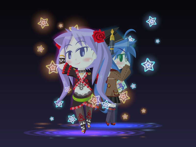 kokemomo, moco (axion channel), hiiragi kagami, izumi konata, scholar (final fantasy), final fantasy, final fantasy xi, lucky star, bad id, bad pixiv id, 00s, 2girls, :3, blue hair, chibi, dancer, long hair, multiple girls, purple hair, smile