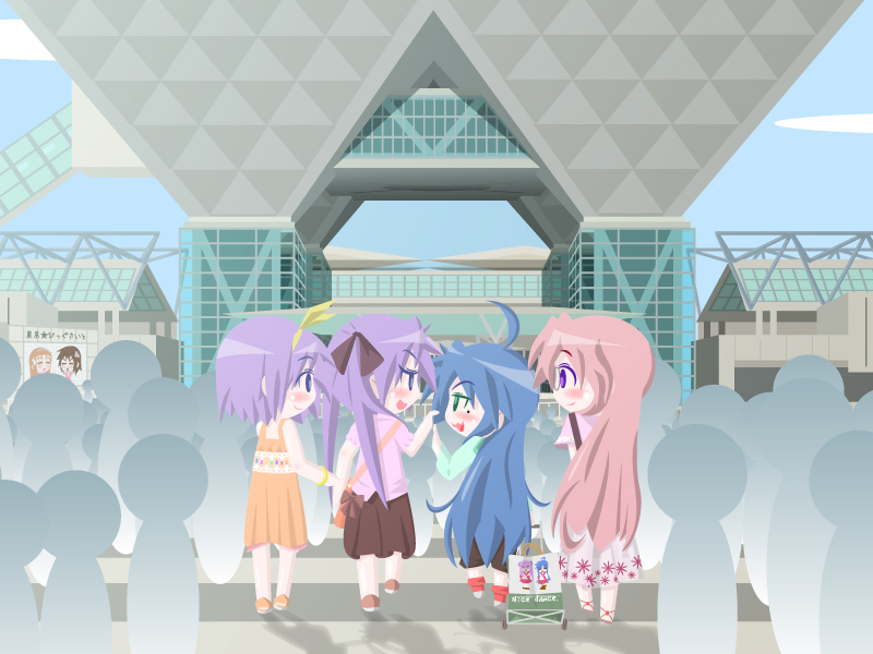 kokemomo, moco (axion channel), hiiragi kagami, hiiragi tsukasa, izumi konata, kusakabe misao, minegishi ayano, takara miyuki, lucky star, tokyo big sight, bad id, bad pixiv id, 00s, 4girls, blue hair, chibi, mole, mole under eye, multiple girls, pink hair, purple hair, siblings, sisters, twins