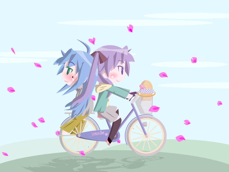 kokemomo, moco (axion channel), hiiragi kagami, izumi konata, lucky star, bad id, bad pixiv id, 00s, 2girls, bicycle, blue hair, cherry blossoms, chibi, cruiser bicycle, long hair, mole, mole under eye, multiple girls, multiple riders, purple hair, yuri