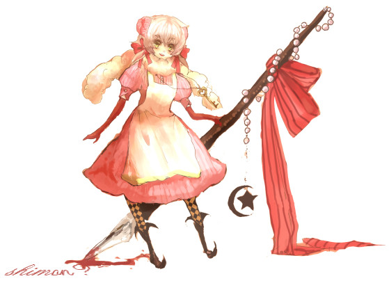 chibi (artist), chibi (shimon), 1girl, apron, bow, female focus, hair ribbon, ink, pantyhose, pen, pink hair, ribbon, smile, solo, yellow eyes