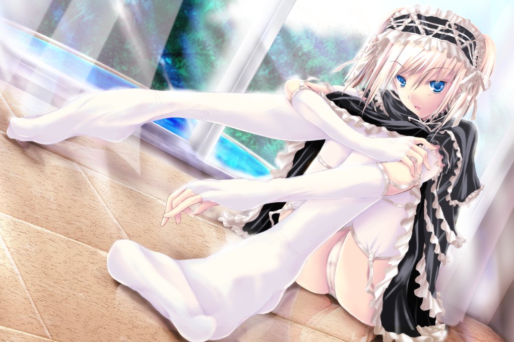 kudou takashi, kuon itsuki, original, bad id, bad pixiv id, 1girl, blonde hair, blue eyes, feet, female focus, gloves, panties, perspective, short hair, solo, thighhighs, underwear, white thighhighs