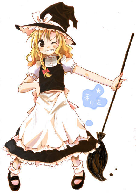 kirisame marisa, touhou, 1girl, blonde hair, braid, broom, dress, female focus, full body, hat, one eye closed, simple background, solo, white background, wink, witch, witch hat