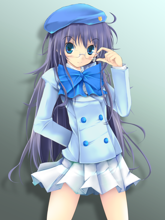 kudou takashi, kuon itsuki, nogami aoi, zettai karen children, uniform, bad id, bad pixiv id, 00s, blue eyes, glasses, hat, long hair, purple hair, ribbon, skirt, solo