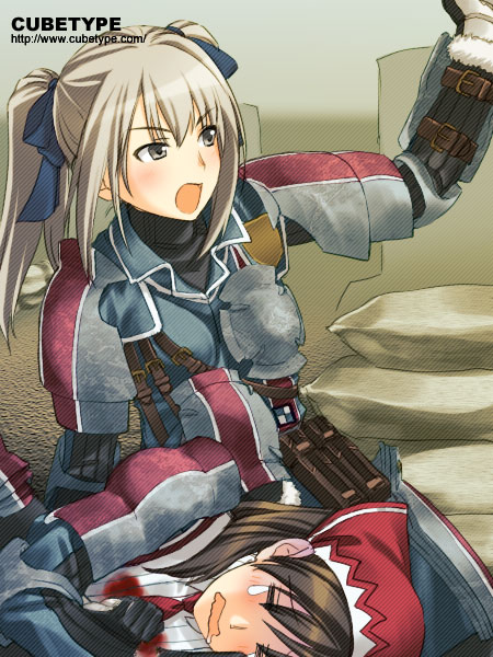 yuuki keisuke, alicia melchiott, edy nelson, senjou no valkyria, senjou no valkyria (series), senjou no valkyria 1, 00s, 2girls, blood, blue ribbon, brown hair, grey hair, injury, long hair, military, military uniform, multiple girls, pain, rescue, ribbon, saliva, tears, twintails